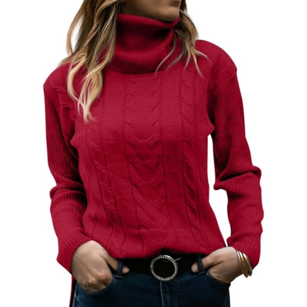 Womens Red Pull On Cable Knit Turtleneck Long Sleeve Casual Warm Sweaters